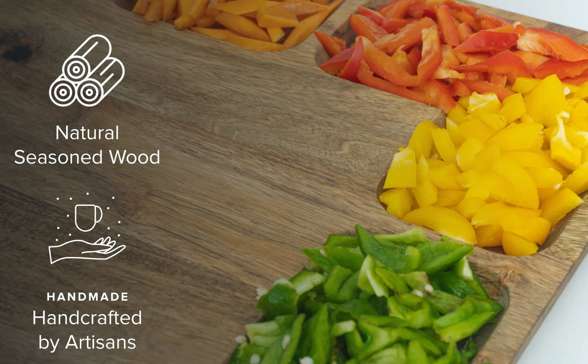 Wooden cutting board with chopped bell peppers and text about natural seasoned wood and artisan craftsmanship.
