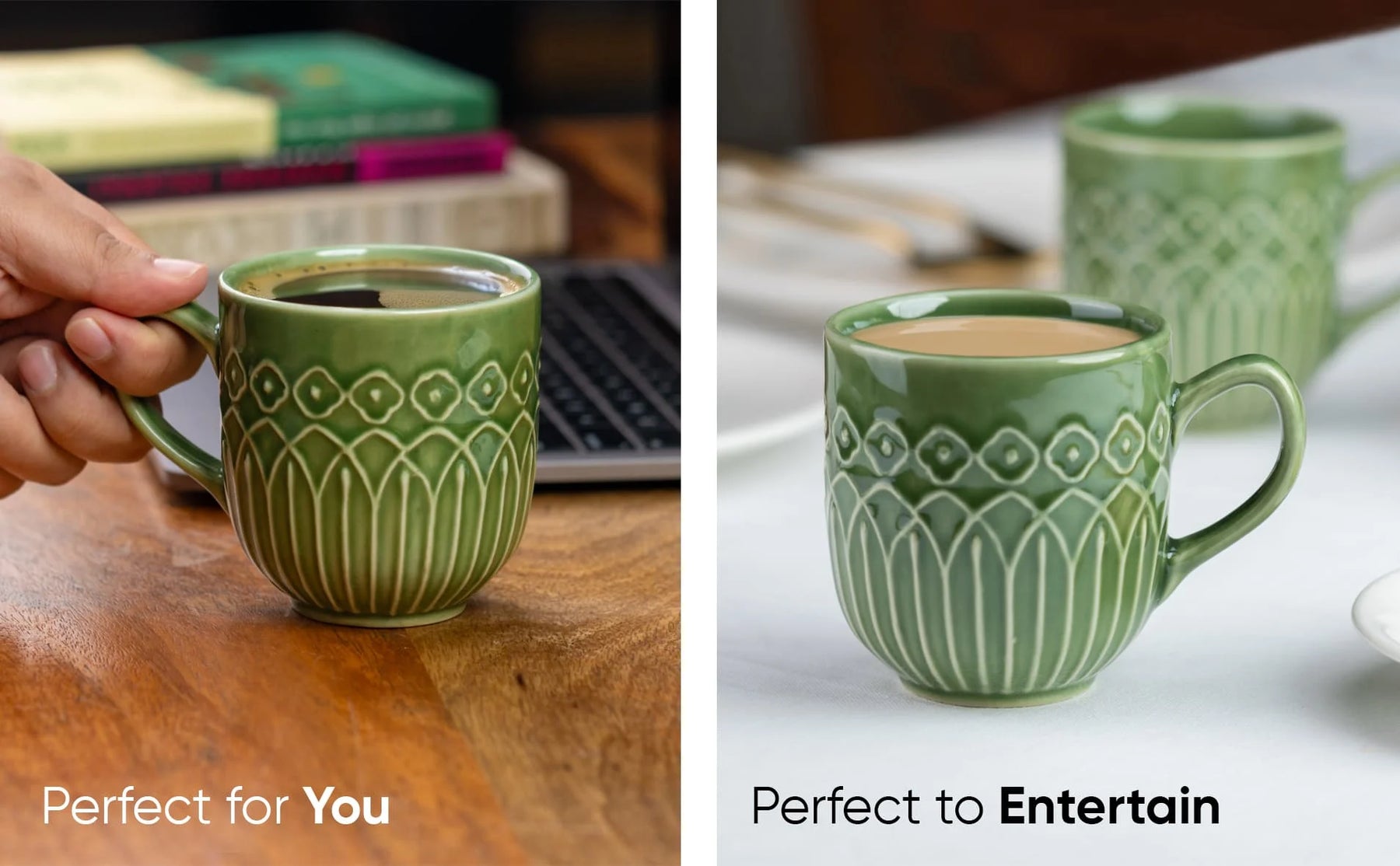 Green ceramic mug with decorative patterns held by a hand and placed on a surface.