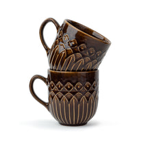 Ceramic Coffee Mug Set, 330ml, Carving Finish Brown Set of 2
