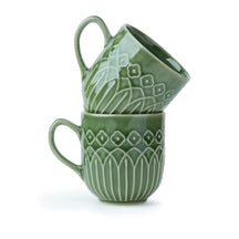 Ceramic Coffee Mug Set, 330ml, Carving Finish Green Set of 2