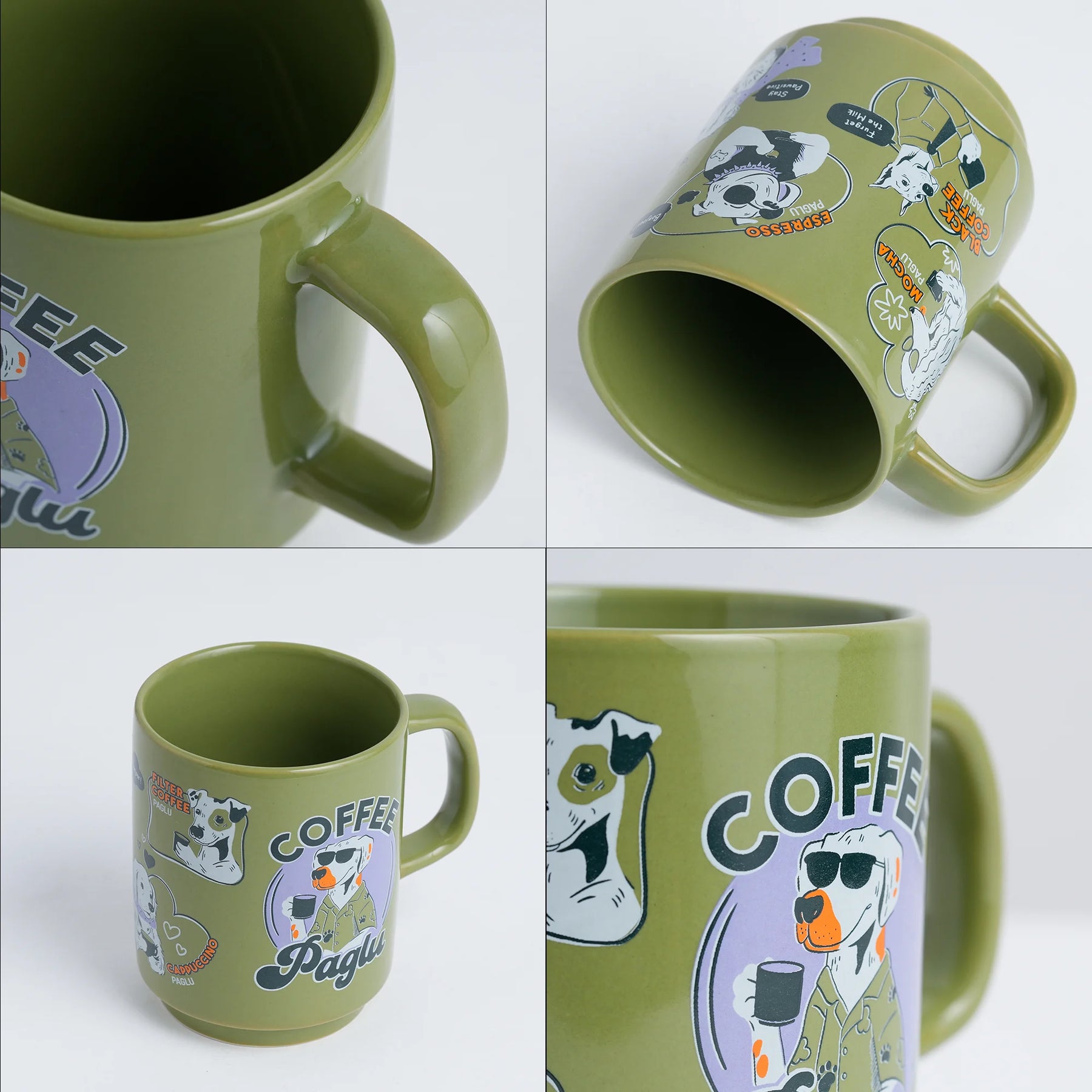 Green mug with cartoon dog design and 'Coffee Pagle' text on a white background