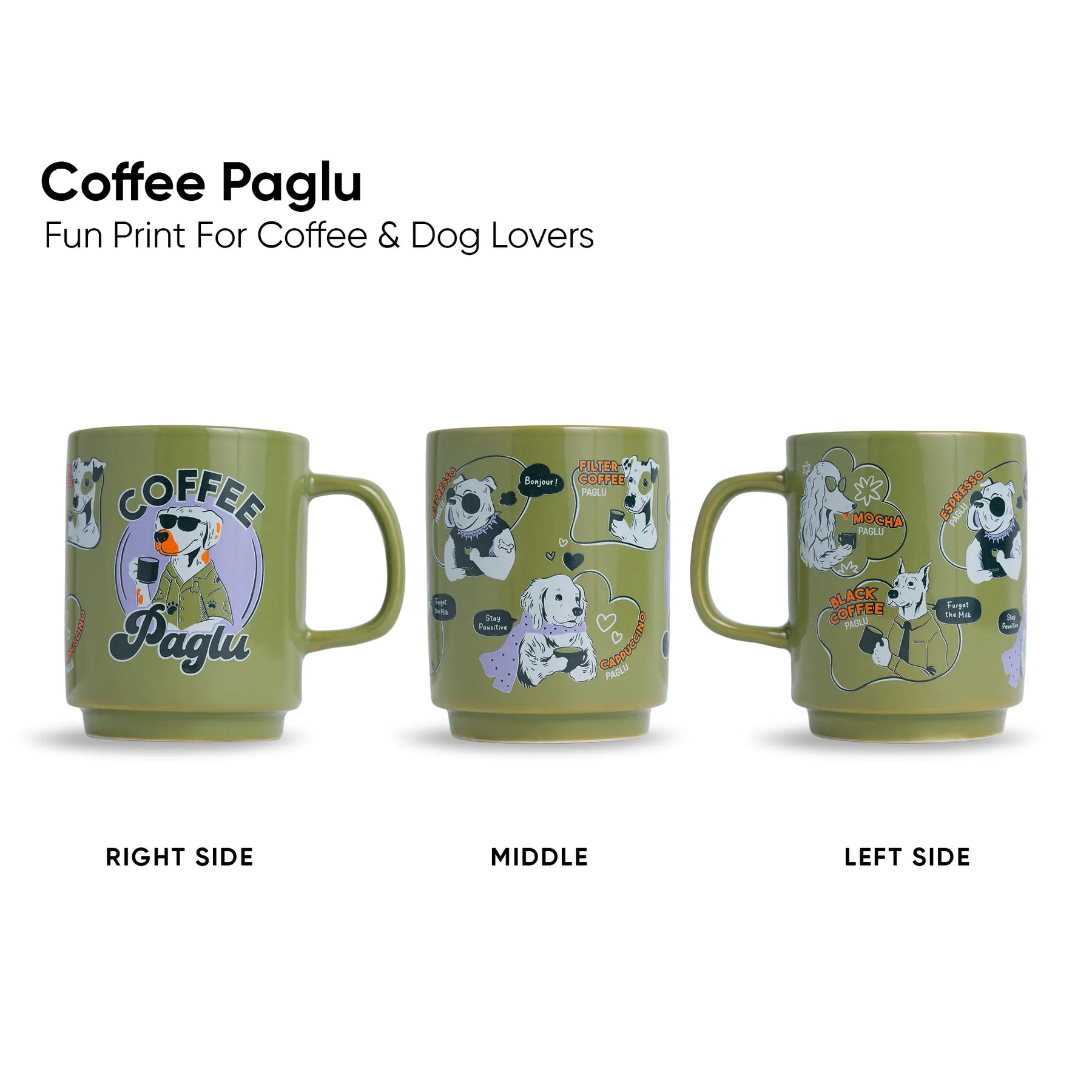 Three green mugs with 'Coffee Paglu' design on a white background