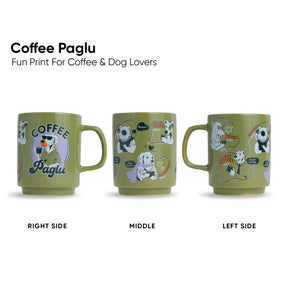 Three green mugs with 'Coffee Paglu' design on a white background