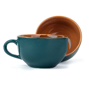Teal mug and brown bowl on a white background