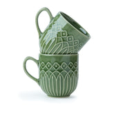 Shay Ceramic Coffee Mug Set, Set of 2, 330ml, Green Carving | Carving Collection | Modern Tableware Online India