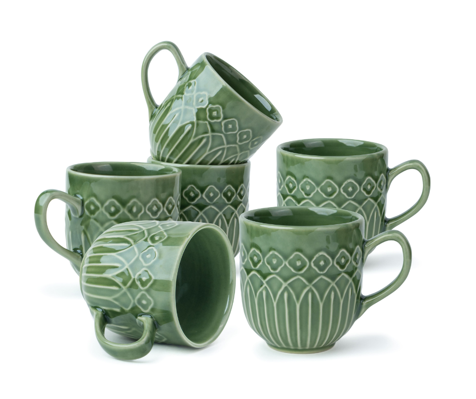 Ceramic Coffee Mug Set, 330ml, Carving Finish Green Set of 6