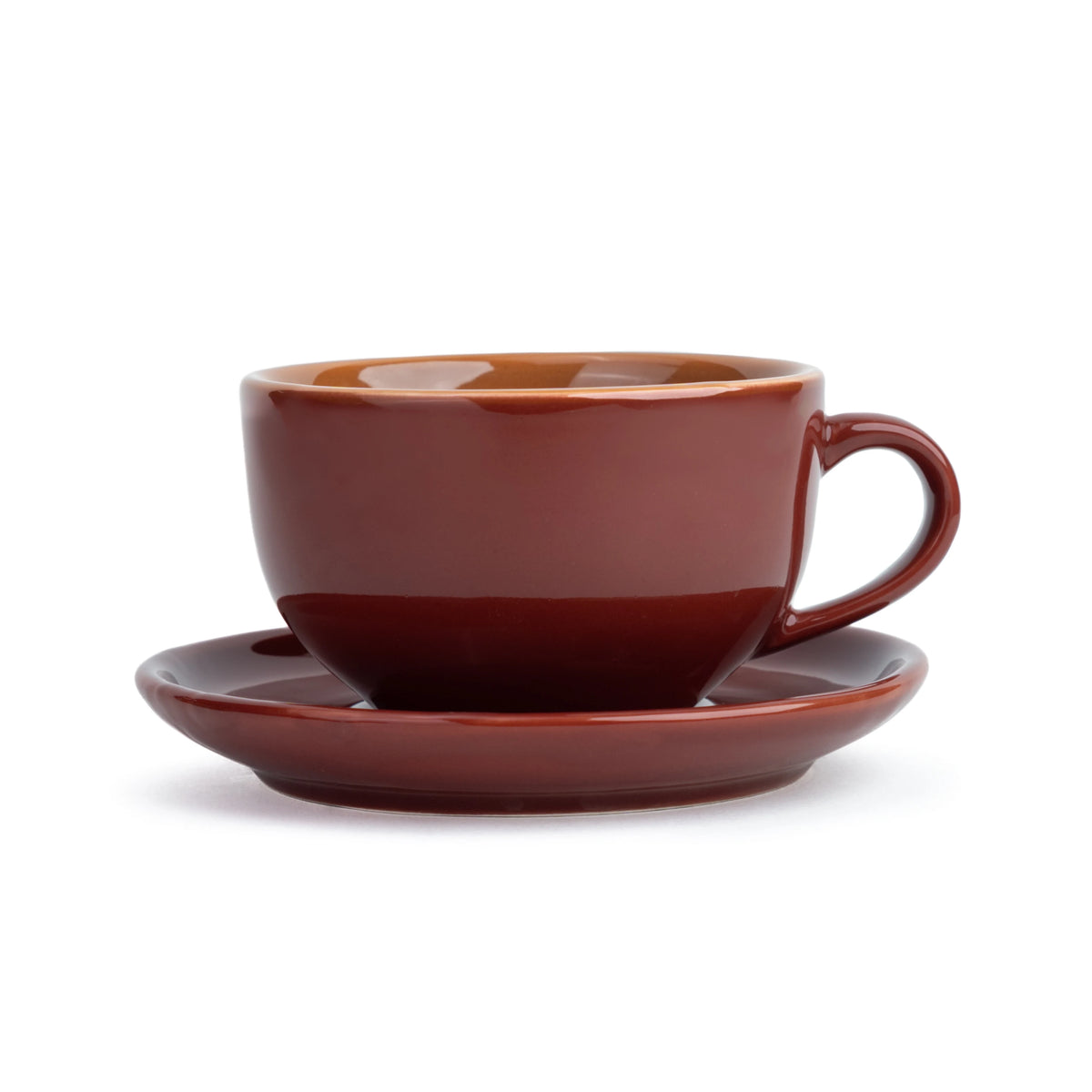 Brown ceramic cup and saucer set on a white background