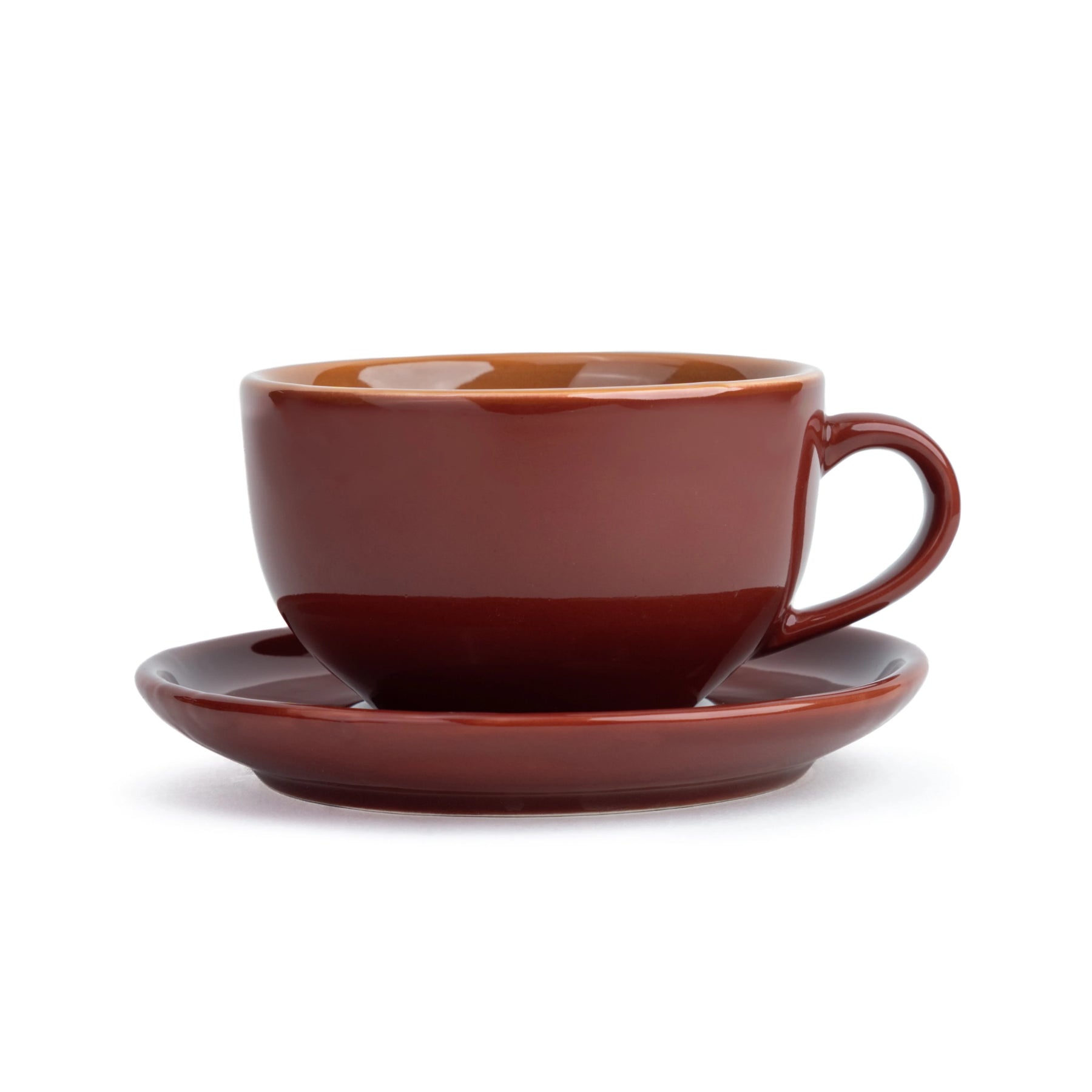 Brown ceramic cup and saucer set on a white background