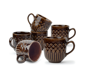 Ceramic Coffee Mug Set, 330ml, Carving Finish Brown Set of 6