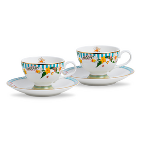 Shay Nargis Tea Cup & Saucer Set, Set of 2, 180ml | Floral Ceramic Tea Cups with Plates | Modern Tableware Online India
