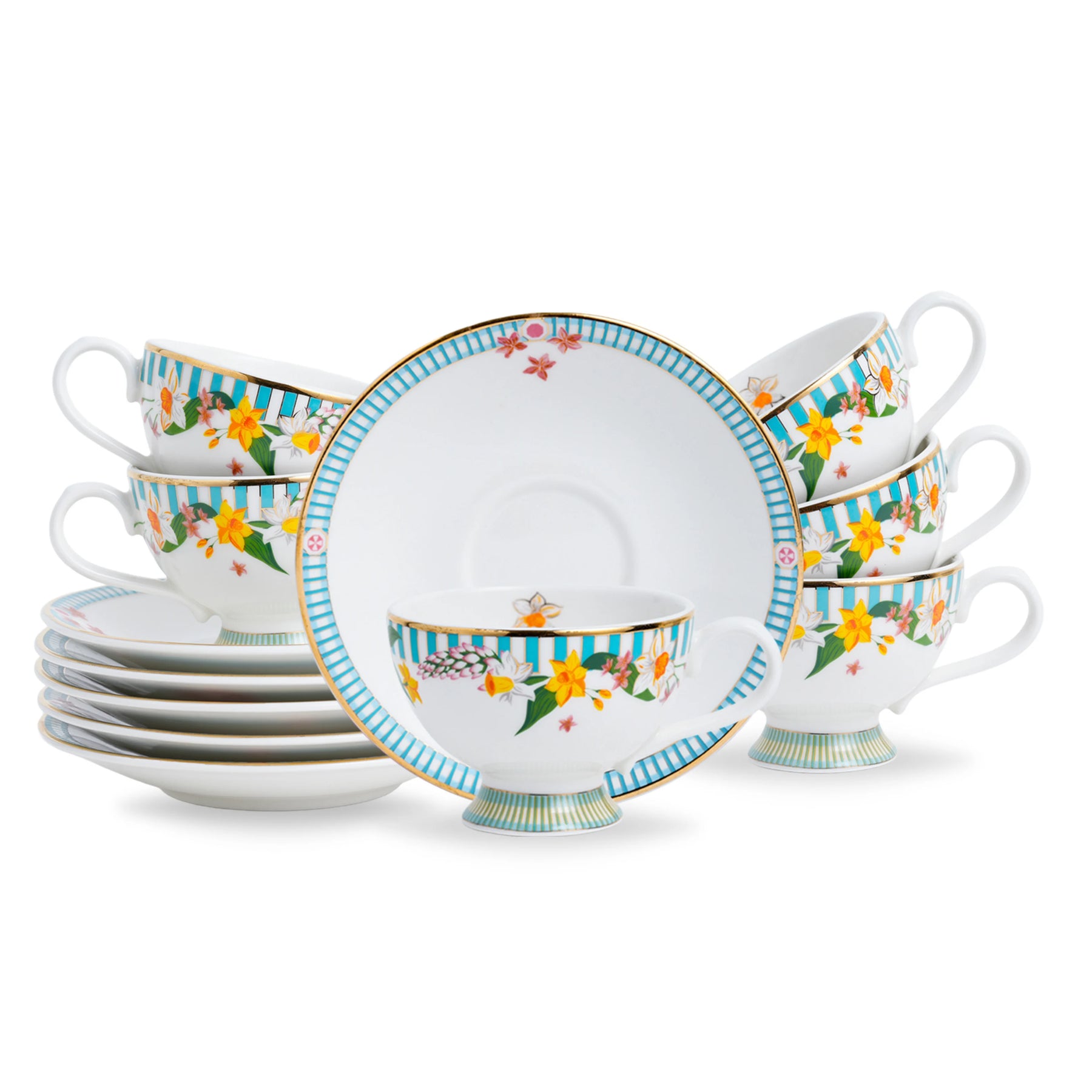 Ceramic tea set with floral and striped design on a white background