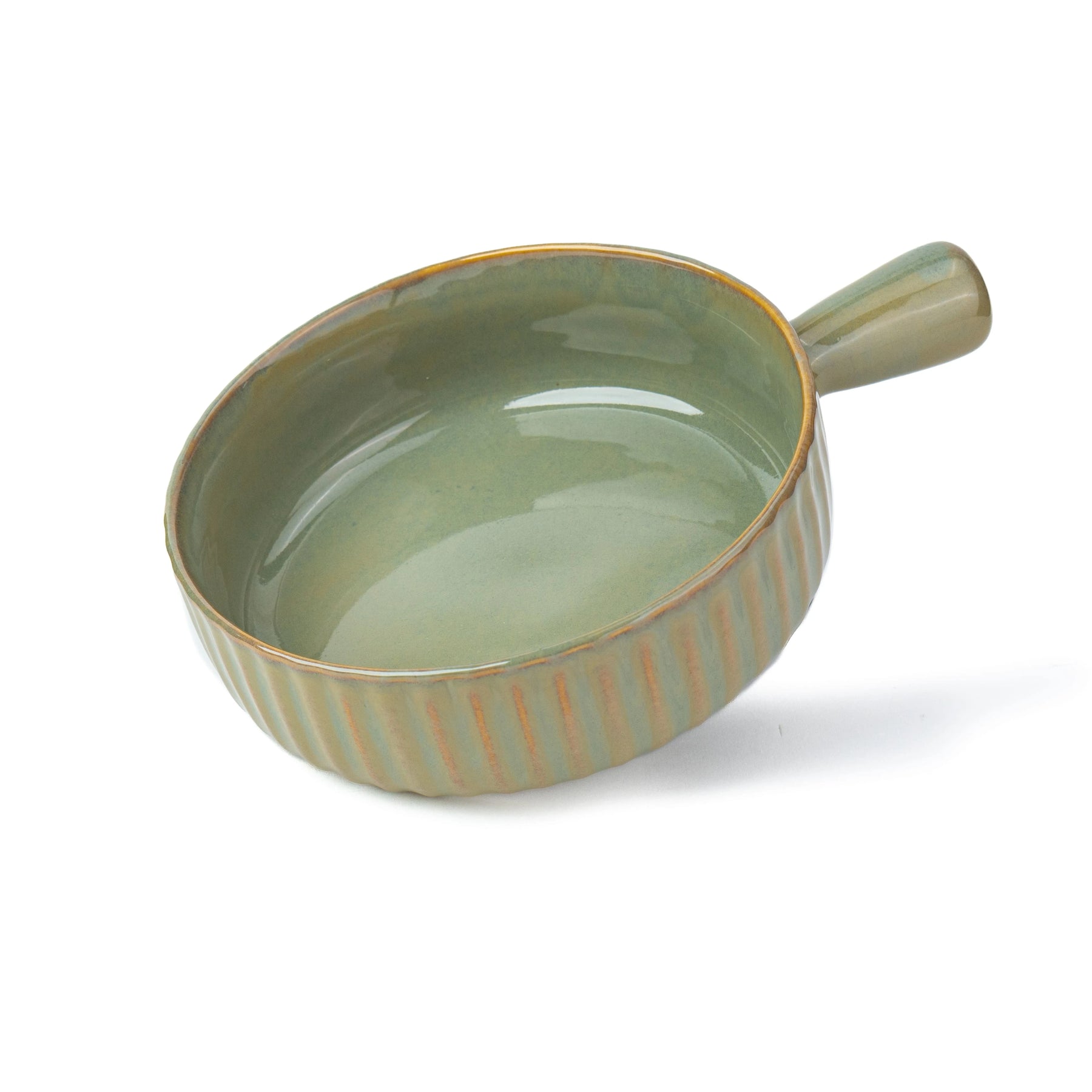 Green ceramic bowl with handle on a white background