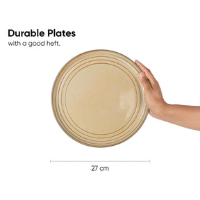 Beige plate held by a hand with text about durable plates and dimensions.