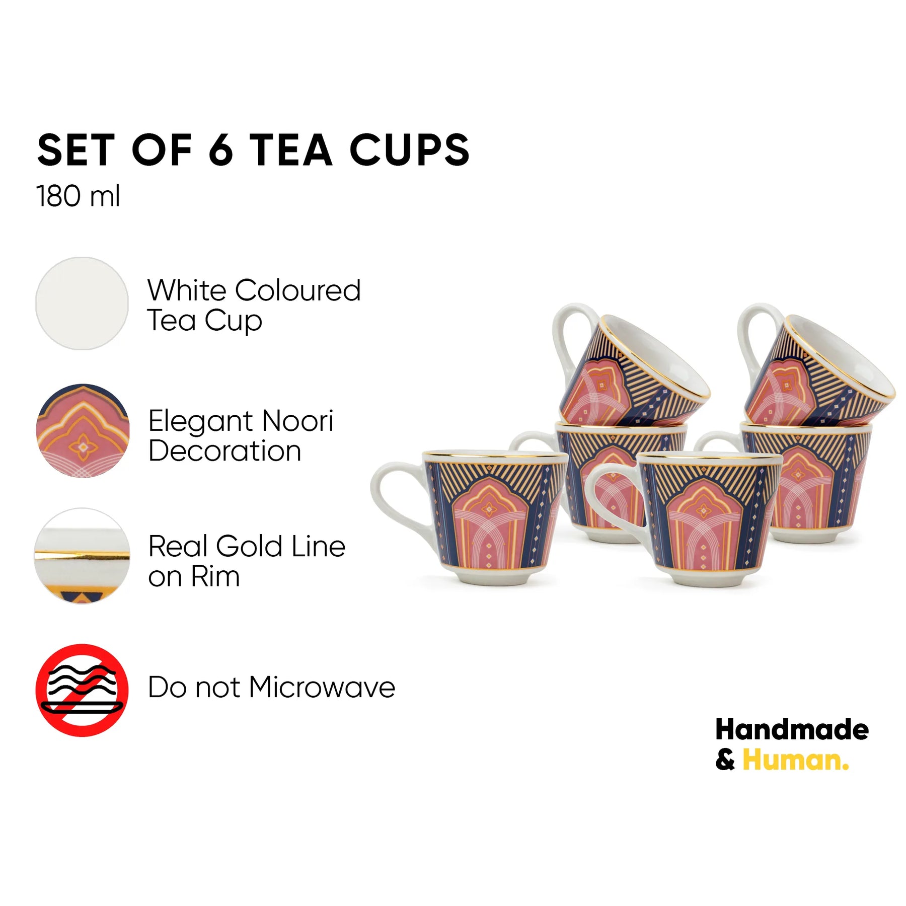 Set of 6 tea cups with decorative design on a white background, featuring 'Handmade & Human' branding.