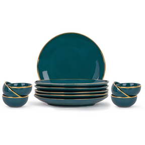 Ceramic Dinner Plates Set, 12 Pieces, Teal Goldline Collection