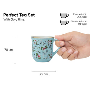 Ceramic Tea Cups Set of 6, Blue Floral,180ml | Floral Collection | Glossy Finish