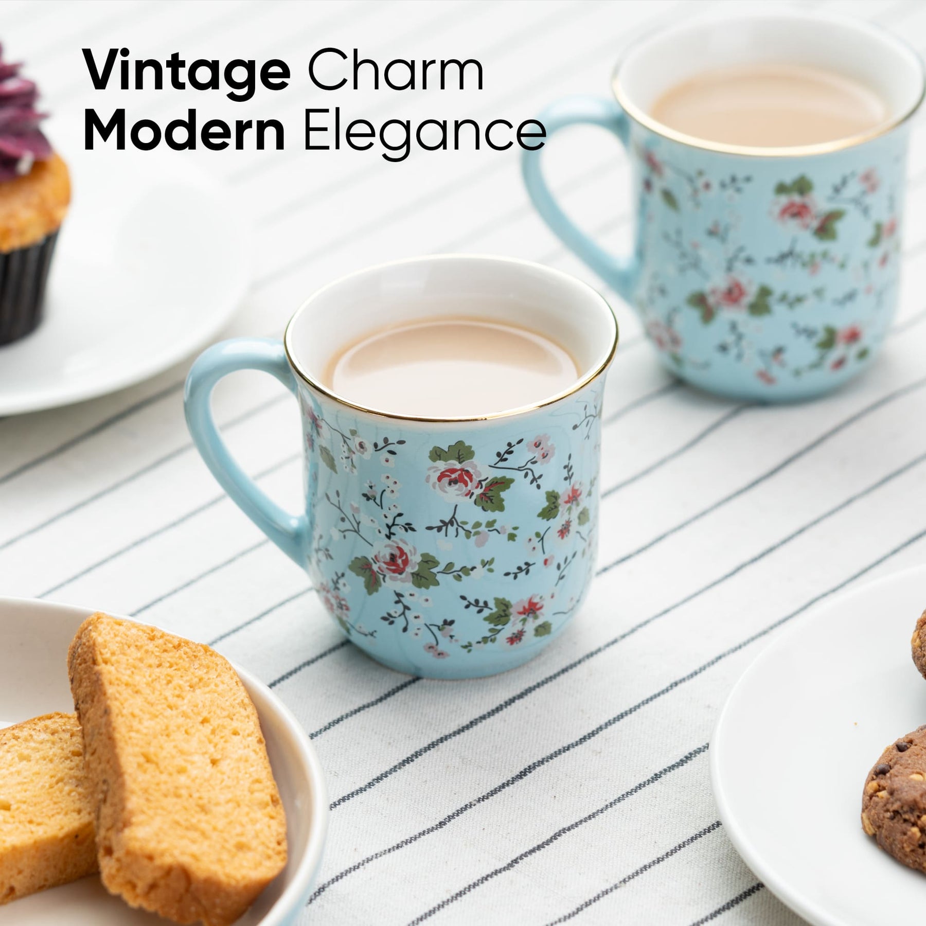 Ceramic Tea Cups Set of 6, Blue Floral,180ml | Floral Collection | Glossy Finish