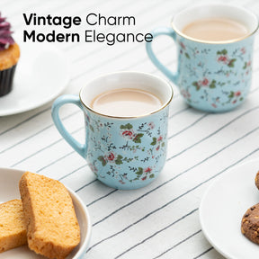 Ceramic Tea Cups Set of 6, Blue Floral,180ml | Floral Collection | Glossy Finish