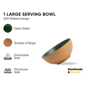 Large serving bowl with ribbed design in deep green and shades of beige, labeled as dishwasher and microwave safe.
