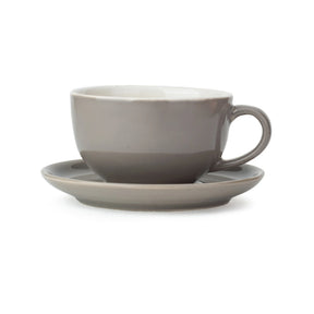 Gray ceramic cup and saucer set on a white background