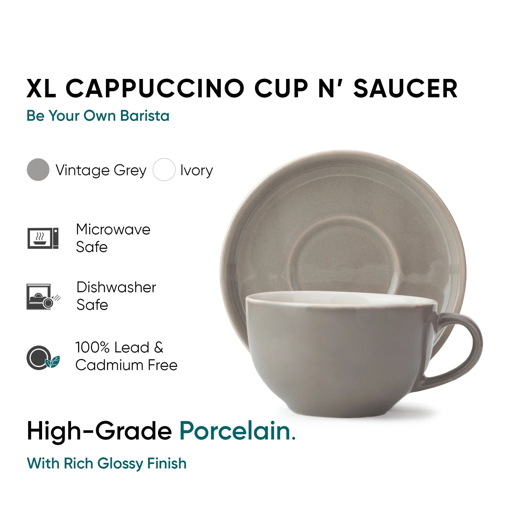 Gray cappuccino cup and saucer set with product features on a white background