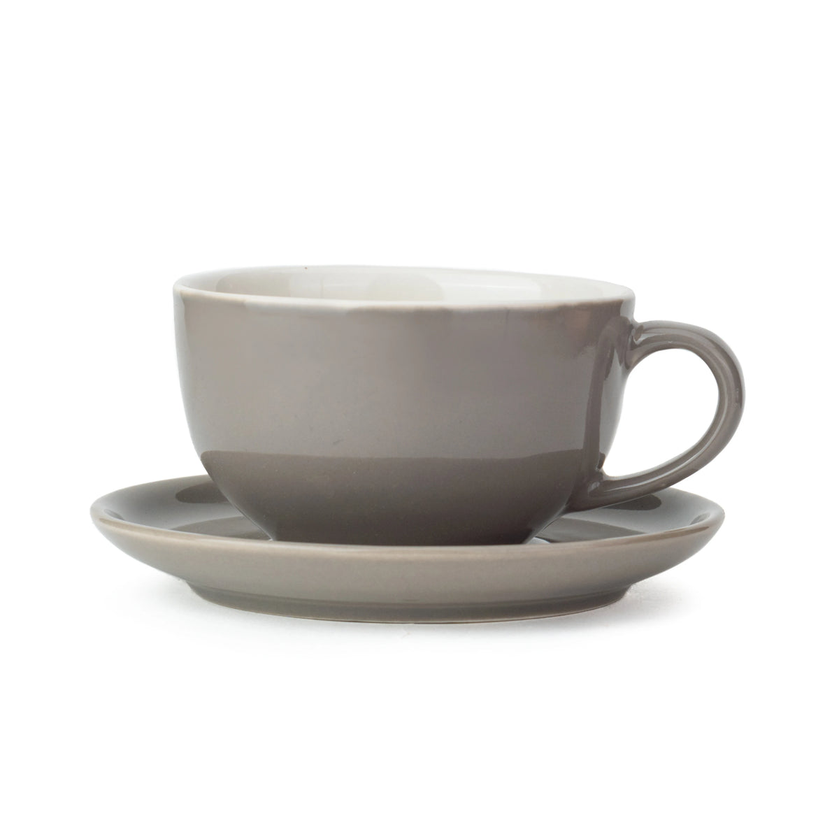 Gray ceramic cup and saucer set on a white background