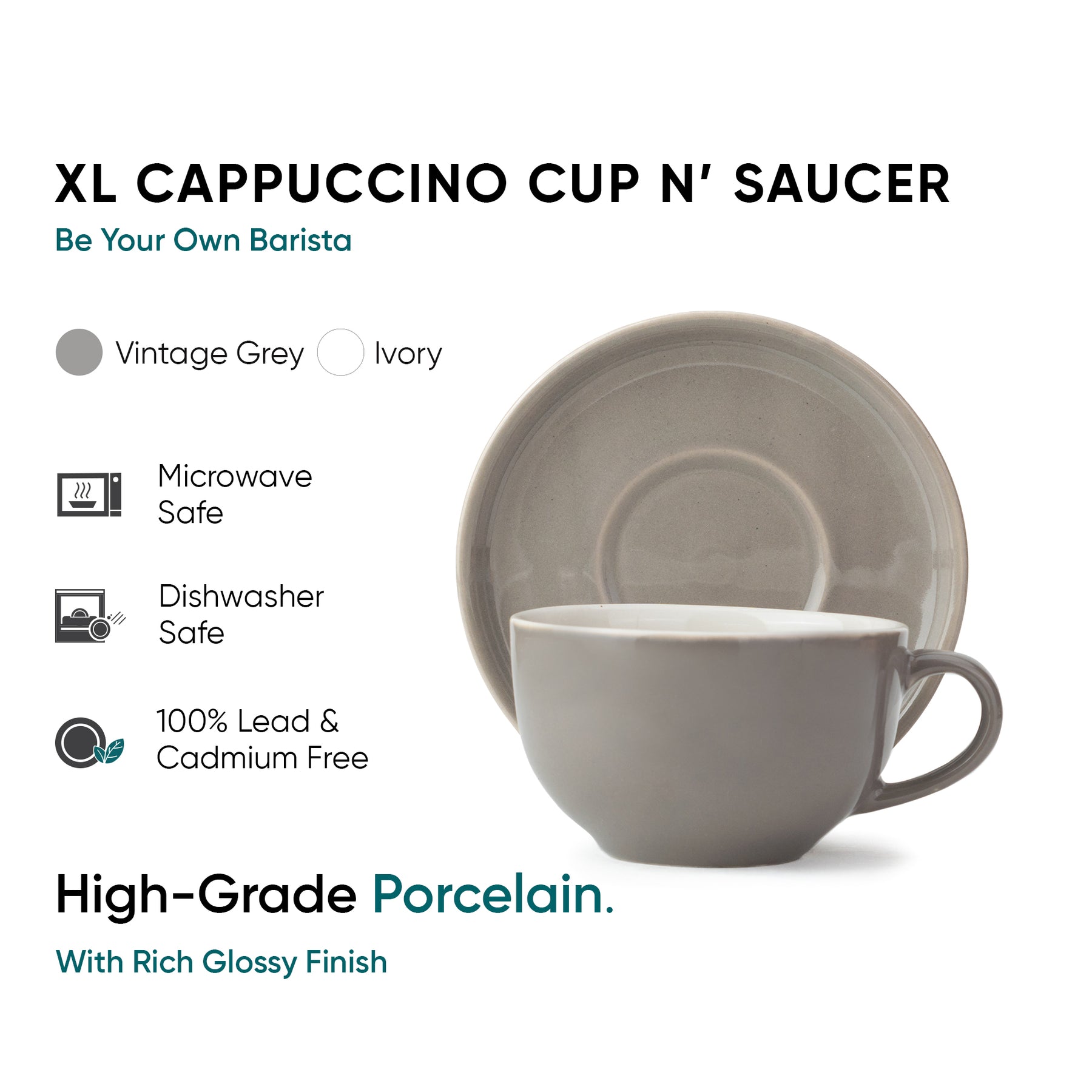 Large Grey Ceramic Coffee Cup & Saucer Set 320ml | XL Cuppa Collection