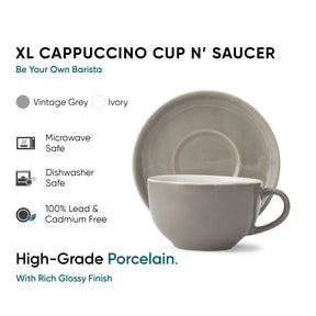 Gray cappuccino cup and saucer set with product features on a white background