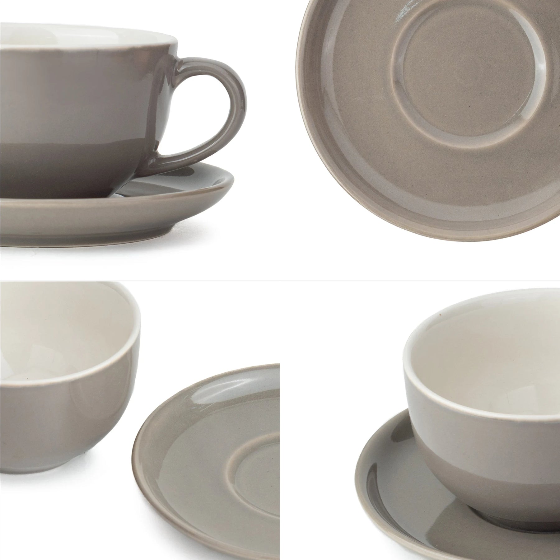 Set of ceramic cups and saucers in gray and beige on a white background