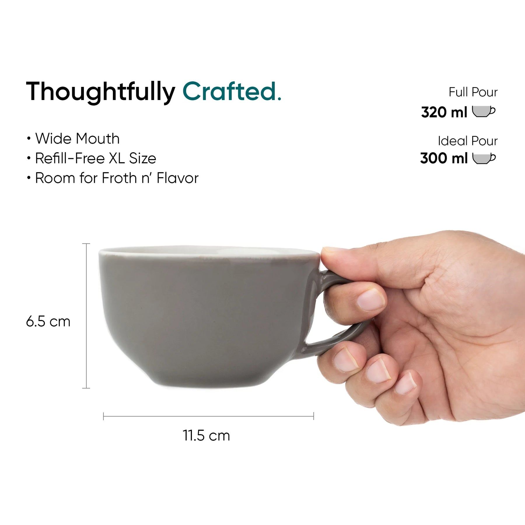 Gray mug held by a hand with product details on a white background