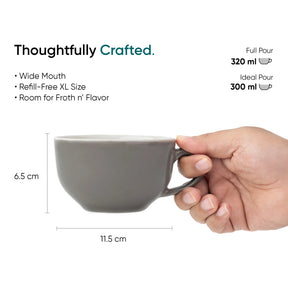 Gray mug held by a hand with product details on a white background