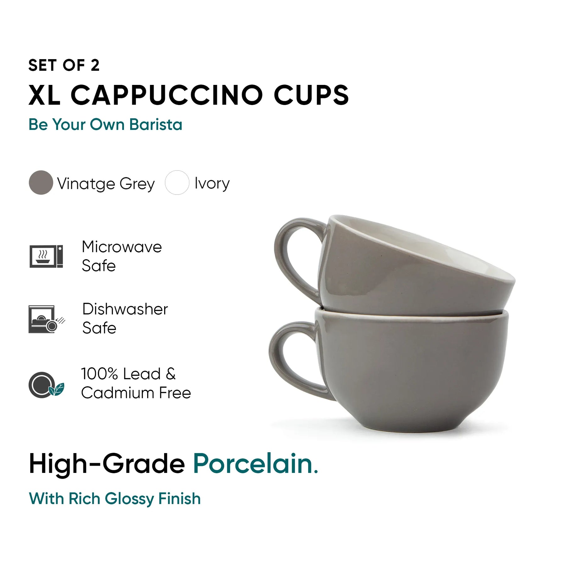 Set of 2 XL Cappuccino Cups with product details on a white background
