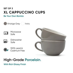 Set of 2 XL Cappuccino Cups with product details on a white background