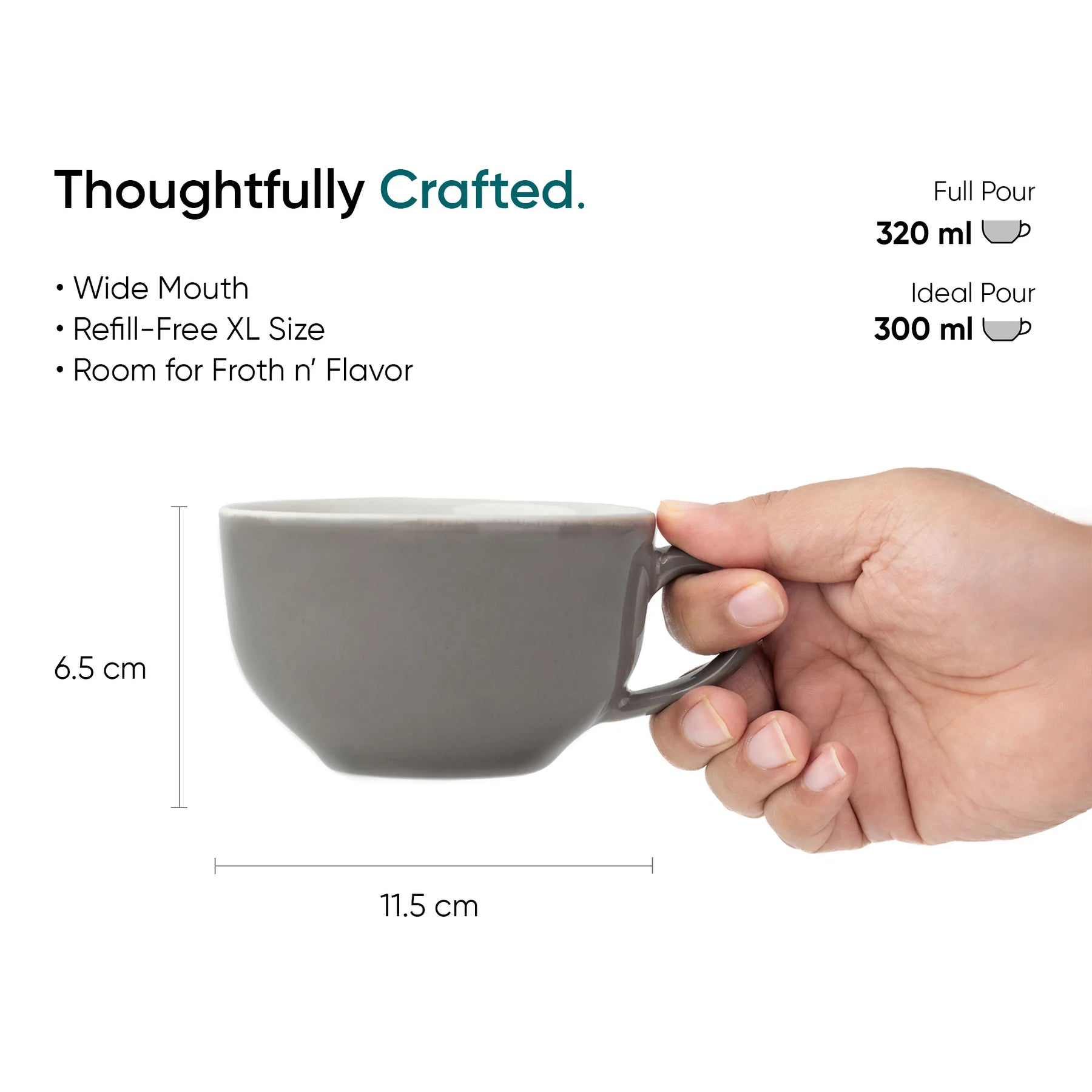 Gray mug held by a hand with product features and measurements on a white background