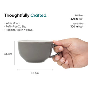 Gray mug held by a hand with product features and measurements on a white background