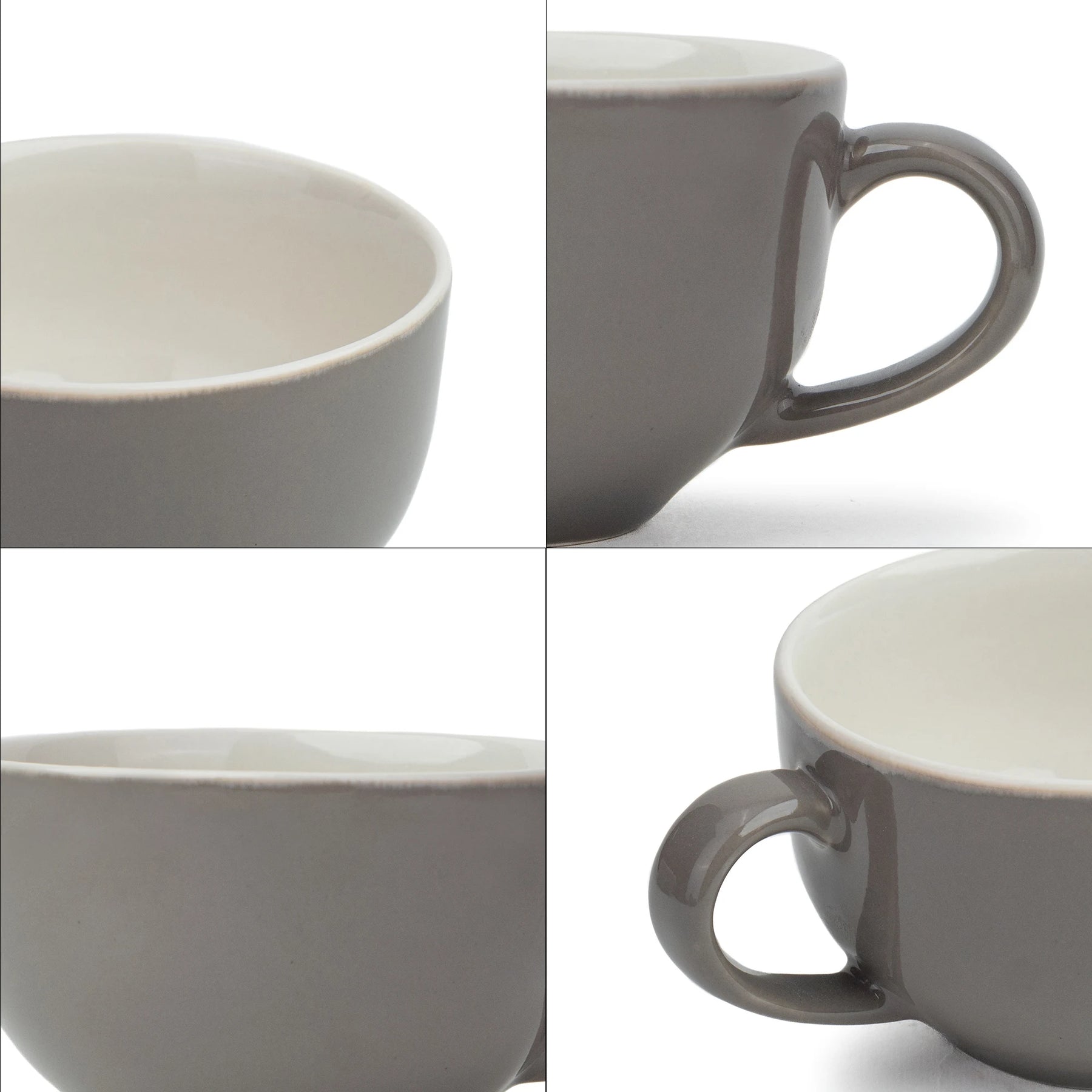 Collage of a gray ceramic cup from different angles on a white background