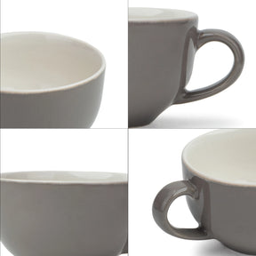 Collage of a gray ceramic cup from different angles on a white background
