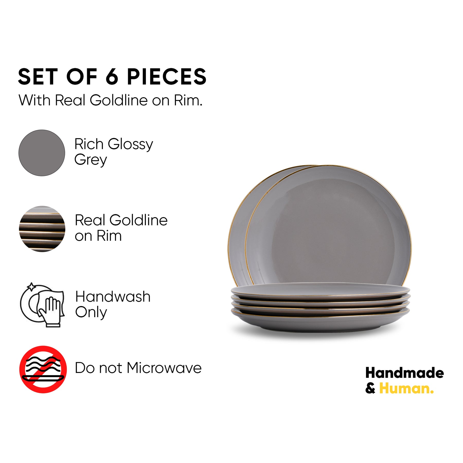 Ceramic Dinner Plates Set 6 Pieces | Grey Gold Gold Line Series