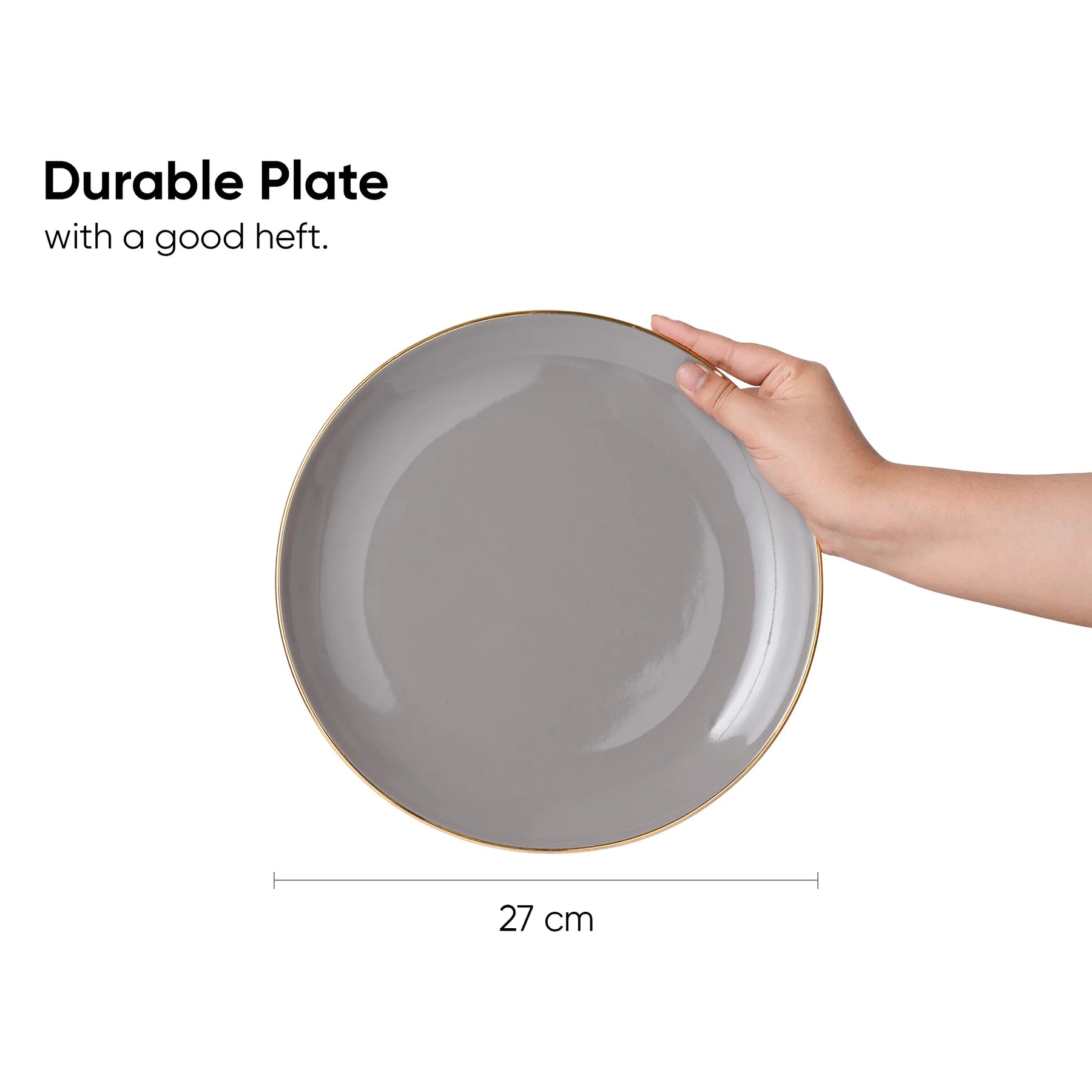Gray plate held by a hand with text indicating durability and size measurement on a white background