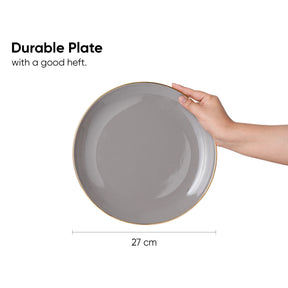 Gray plate held by a hand with text indicating durability and size measurement on a white background