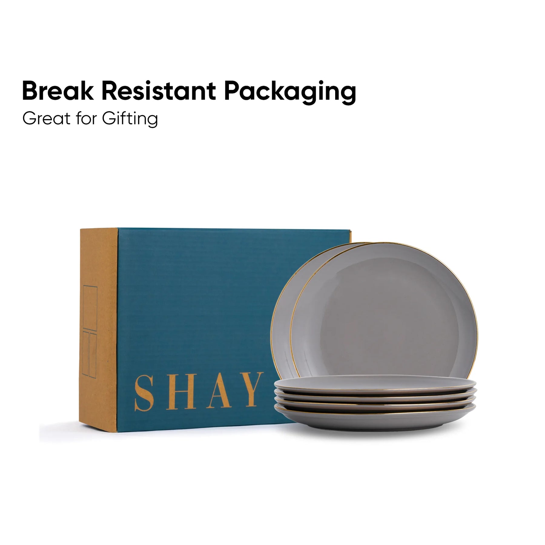 Set of gray plates with 'SHAY' branding on a white background
