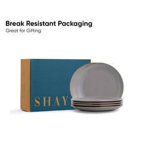 Set of gray plates with 'SHAY' branding on a white background