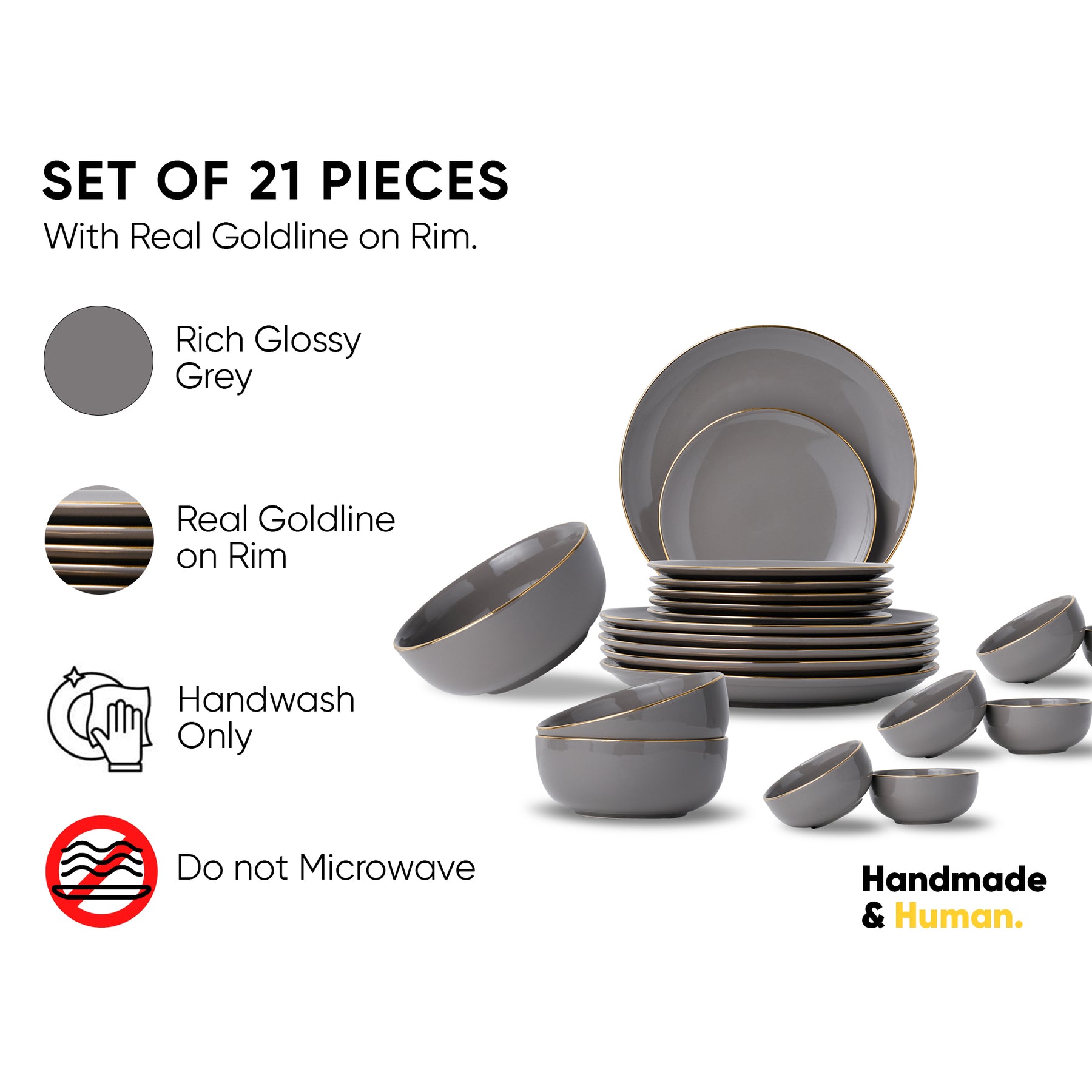 Ceramic Dinner Plates Set, 21 Pieces, Goldline Collection