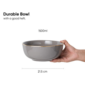 Gray bowl held by a hand with text indicating durability and capacity, on a white background.