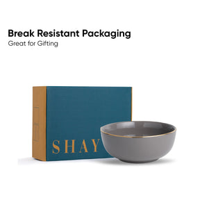 Gray bowl with 'SHAY' branding next to a teal box on a white background