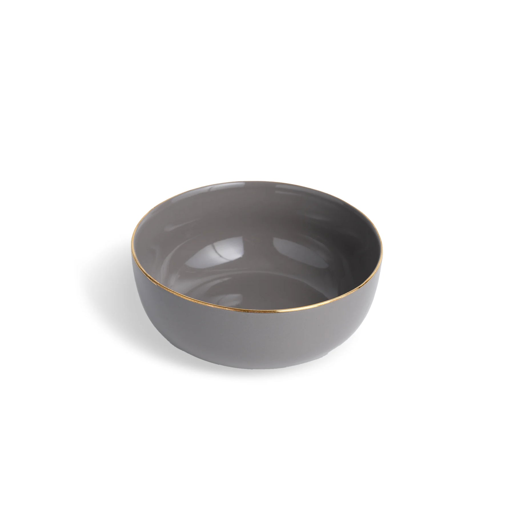 Gray ceramic bowl with gold rim on a white background