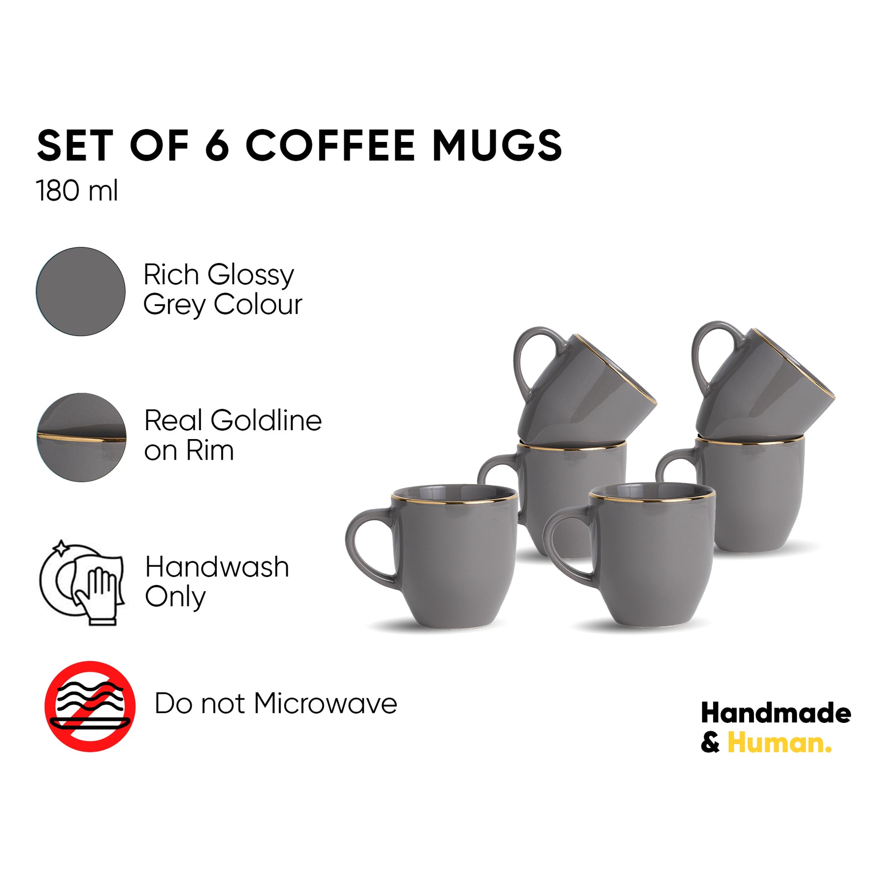 Ceramic Coffee Mug Set of 6  Grey Gold, 300ml