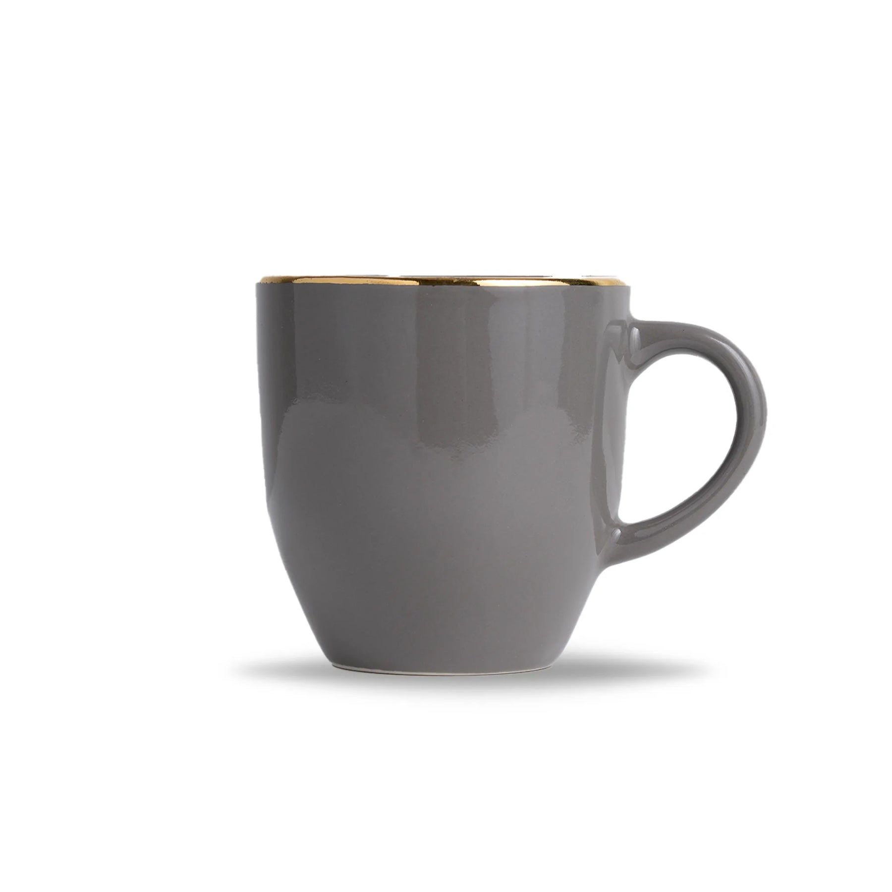 Gray mug with gold rim on a white background