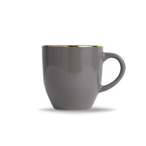 Gray mug with gold rim on a white background