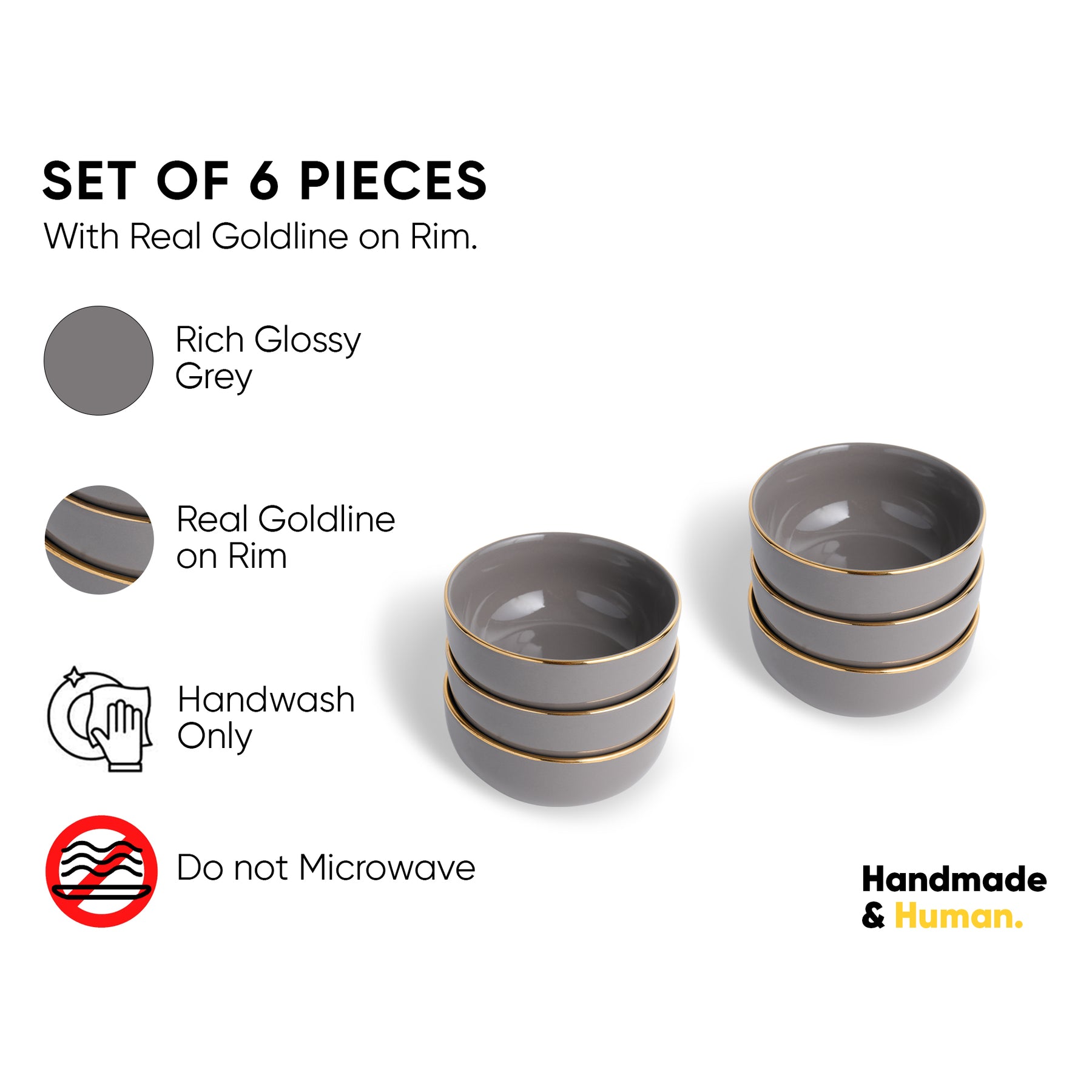 Ceramic Veg Bowls Set of 6 for Dinner | 180ml | Gold Line Collection